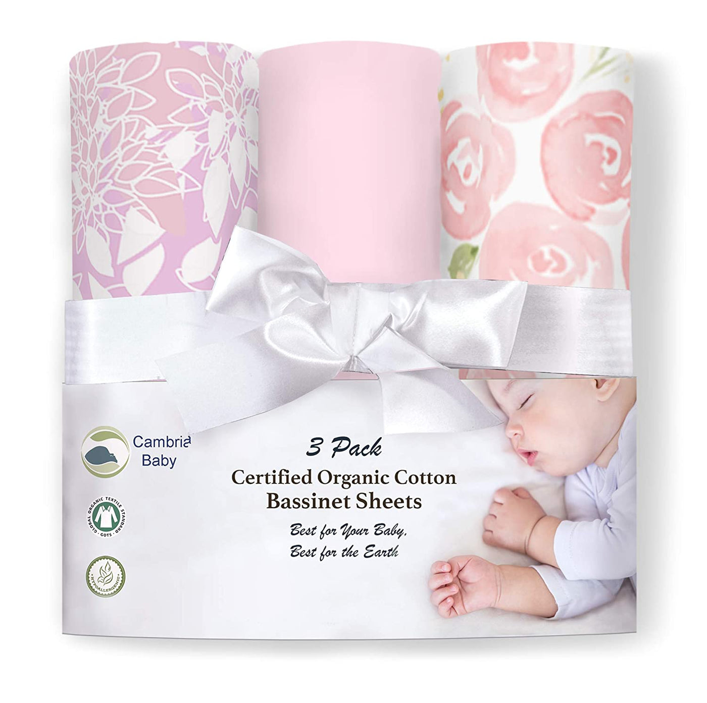 3 Pack 100 Organic Cotton Bassinet Sheets Roses and Pink for Girl Cambria Baby