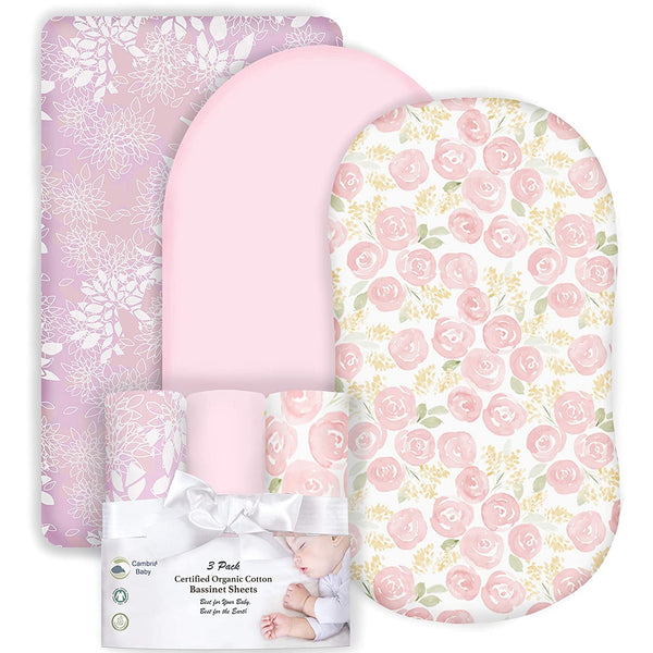 3 Pack 100 Organic Cotton Bassinet Sheets Roses and Pink for Girl Cambria Baby