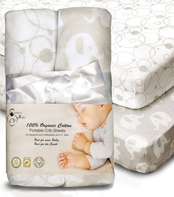 100% Organic Cotton Fitted Sheets for Pack ‘n Play and Other Portable Mini Cribs. 2 pack