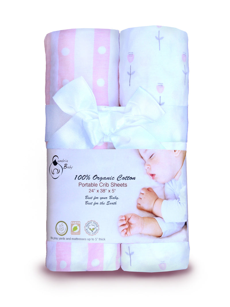 100% Organic Cotton Fitted Sheets for Pack ‘n Play and Other Portable Mini Cribs. 2 pack